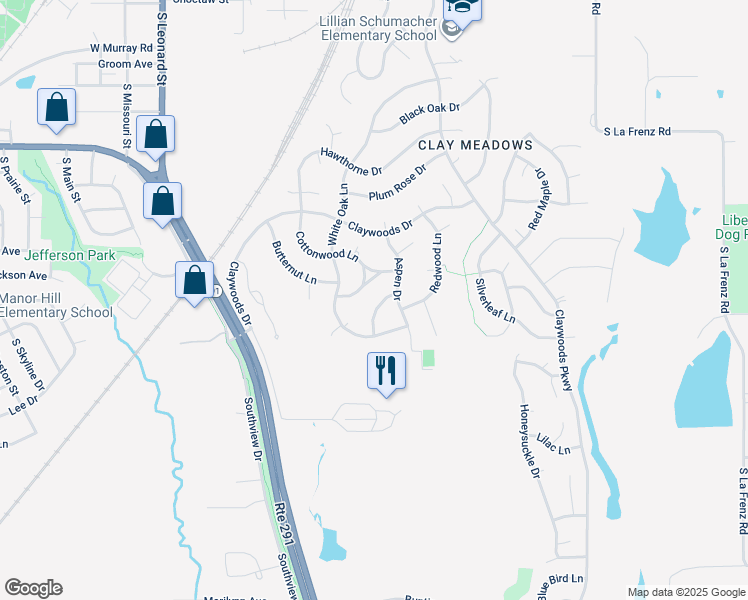 map of restaurants, bars, coffee shops, grocery stores, and more near 1112 White Birch Street in Liberty