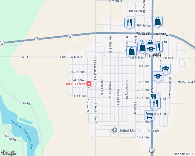 map of restaurants, bars, coffee shops, grocery stores, and more near 750-798 2nd Street Southwest in Plainville