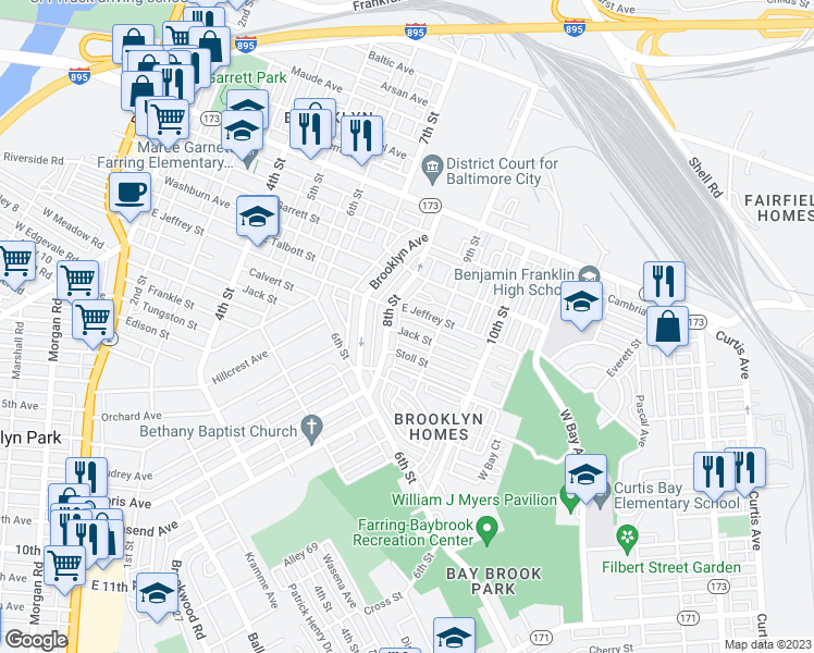 map of restaurants, bars, coffee shops, grocery stores, and more near 806 Jack Street in Baltimore