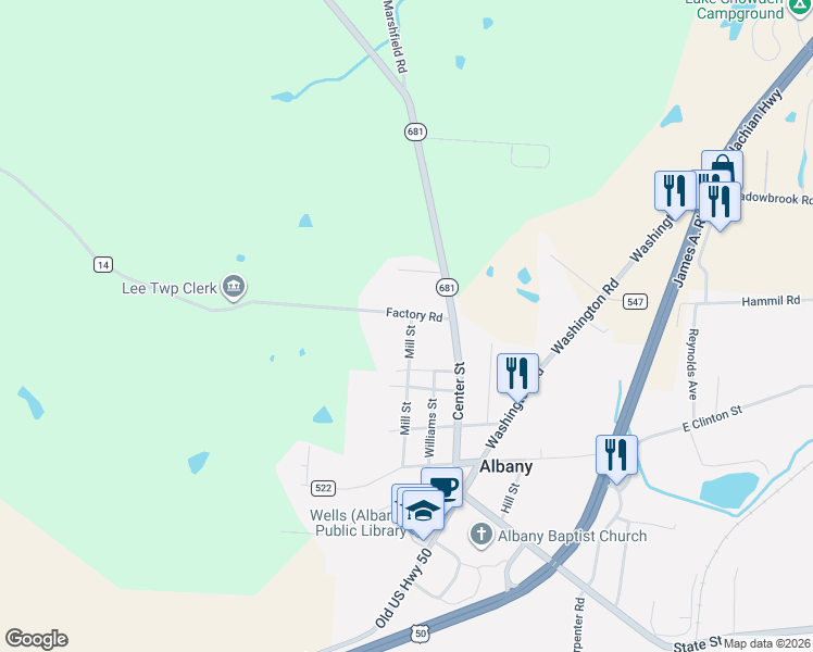 map of restaurants, bars, coffee shops, grocery stores, and more near 5120 Factory Road in Albany