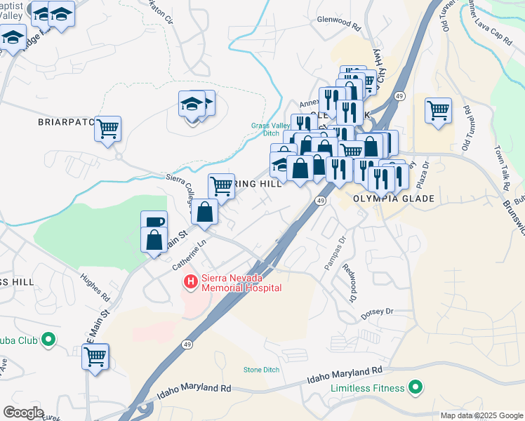 map of restaurants, bars, coffee shops, grocery stores, and more near 179 Highlands Court in Grass Valley