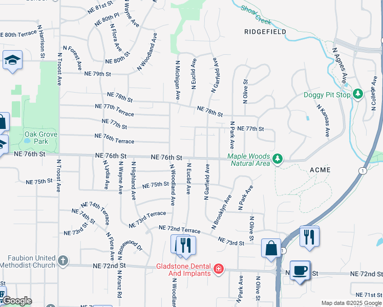 map of restaurants, bars, coffee shops, grocery stores, and more near 1650 North Euclid Avenue in Gladstone