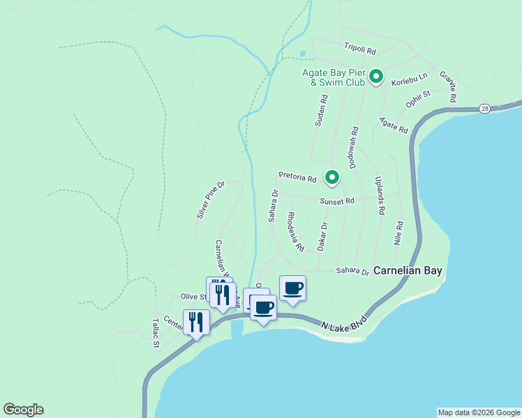 map of restaurants, bars, coffee shops, grocery stores, and more near 683 Sunset Road in Carnelian Bay