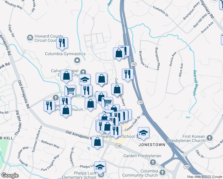 map of restaurants, bars, coffee shops, grocery stores, and more near 8825 Goose Landing Circle in Columbia
