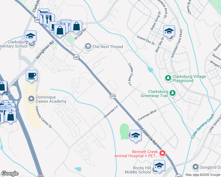 map of restaurants, bars, coffee shops, grocery stores, and more near 22821 Frederick Road in Clarksburg
