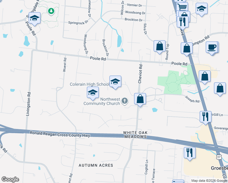 map of restaurants, bars, coffee shops, grocery stores, and more near 8801 Cheviot Road in Cincinnati