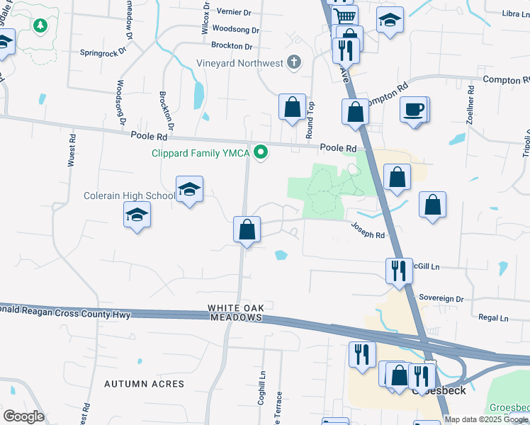 map of restaurants, bars, coffee shops, grocery stores, and more near 8860 Cheviot Road in Cincinnati