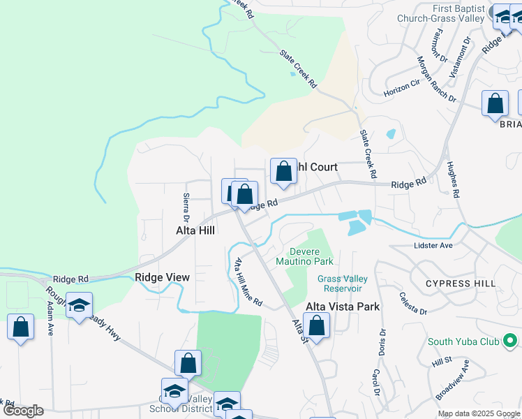 map of restaurants, bars, coffee shops, grocery stores, and more near 12985 Ridge Road in Grass Valley