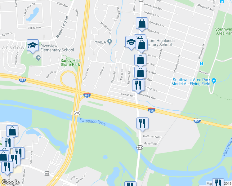 map of restaurants, bars, coffee shops, grocery stores, and more near 2727 Yarnall Road in Halethorpe