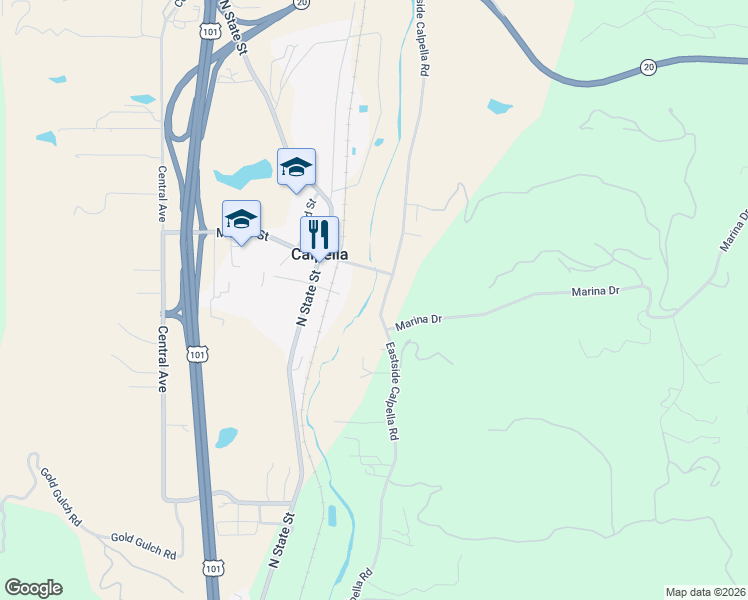 map of restaurants, bars, coffee shops, grocery stores, and more near 6101-6199 Eastside Calpella Rd in Ukiah