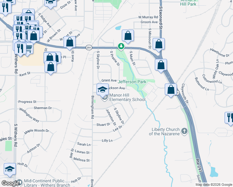 map of restaurants, bars, coffee shops, grocery stores, and more near 215 Jackson Avenue in Liberty