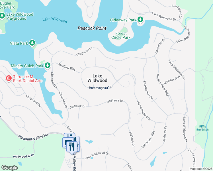 map of restaurants, bars, coffee shops, grocery stores, and more near 18628 Hummingbird Drive in Penn Valley