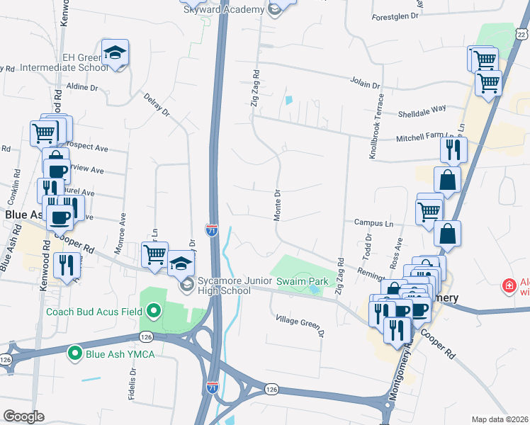 map of restaurants, bars, coffee shops, grocery stores, and more near 11042 Toddtee Lane in Cincinnati