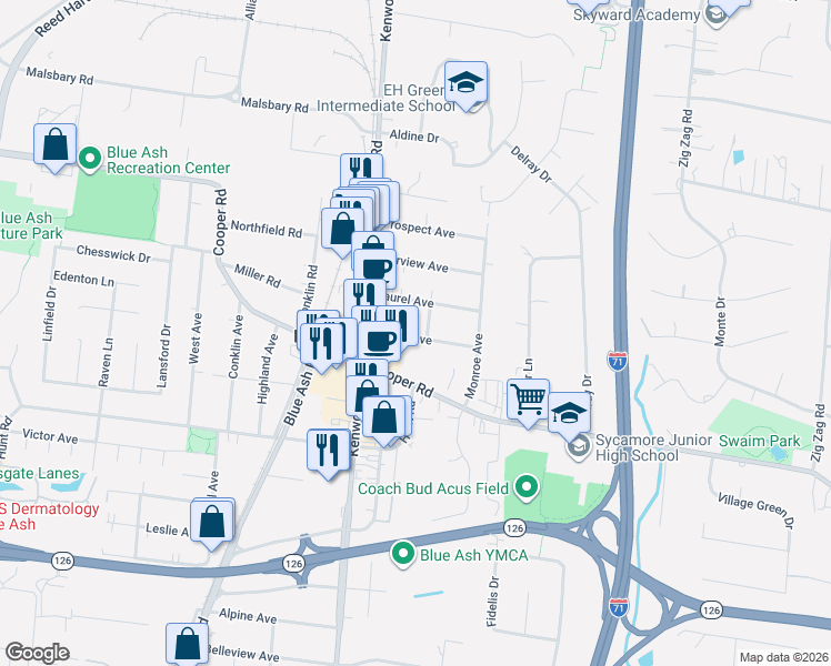 map of restaurants, bars, coffee shops, grocery stores, and more near 4837 Laurel Avenue in Cincinnati