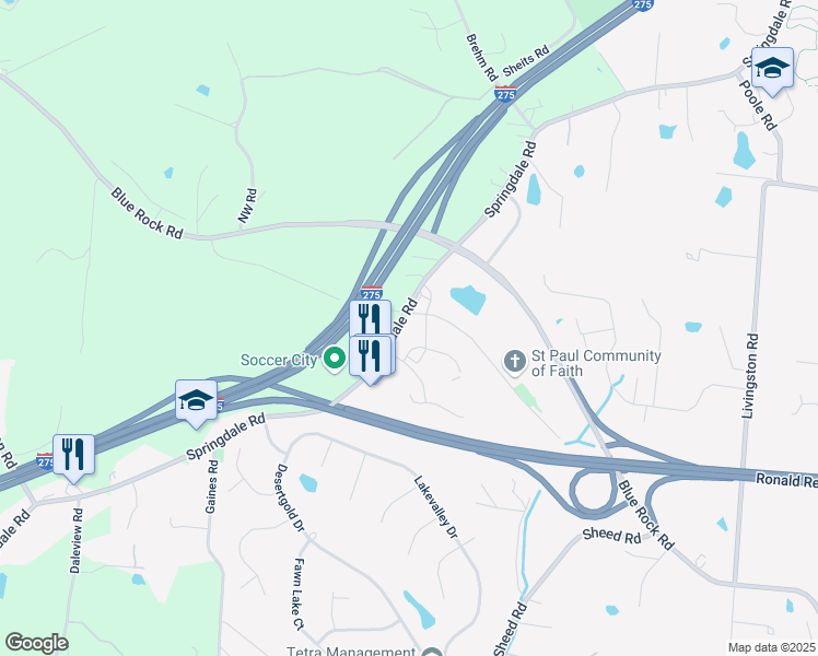 map of restaurants, bars, coffee shops, grocery stores, and more near 5100 Springdale Road in Cincinnati