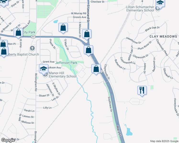 map of restaurants, bars, coffee shops, grocery stores, and more near 1290 Missouri Court in Liberty