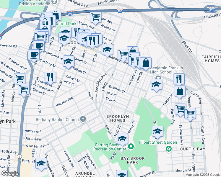 map of restaurants, bars, coffee shops, grocery stores, and more near 813 East Jeffrey Street in Baltimore