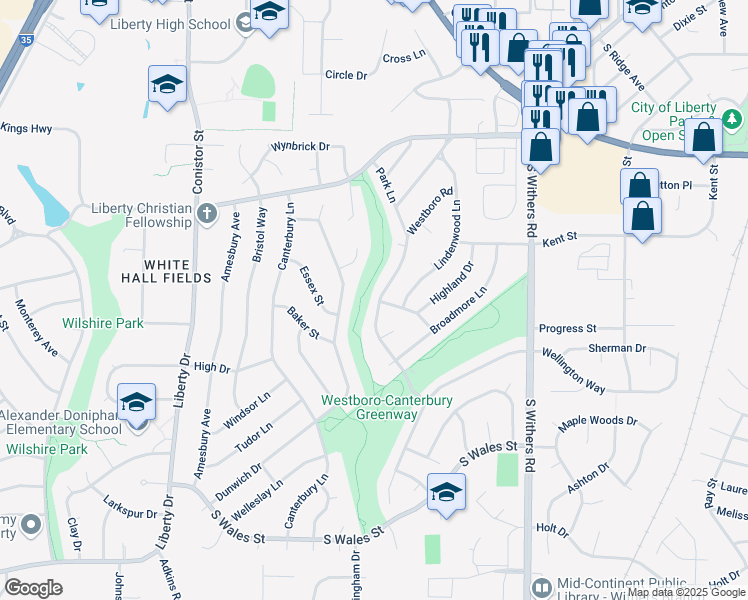 map of restaurants, bars, coffee shops, grocery stores, and more near 1404 Park Lane in Liberty