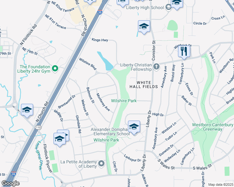 map of restaurants, bars, coffee shops, grocery stores, and more near 304 Wilshire Boulevard in Liberty