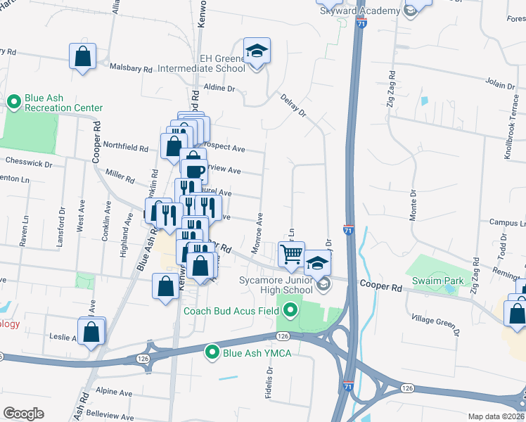 map of restaurants, bars, coffee shops, grocery stores, and more near 9616 Monroe Avenue in Cincinnati