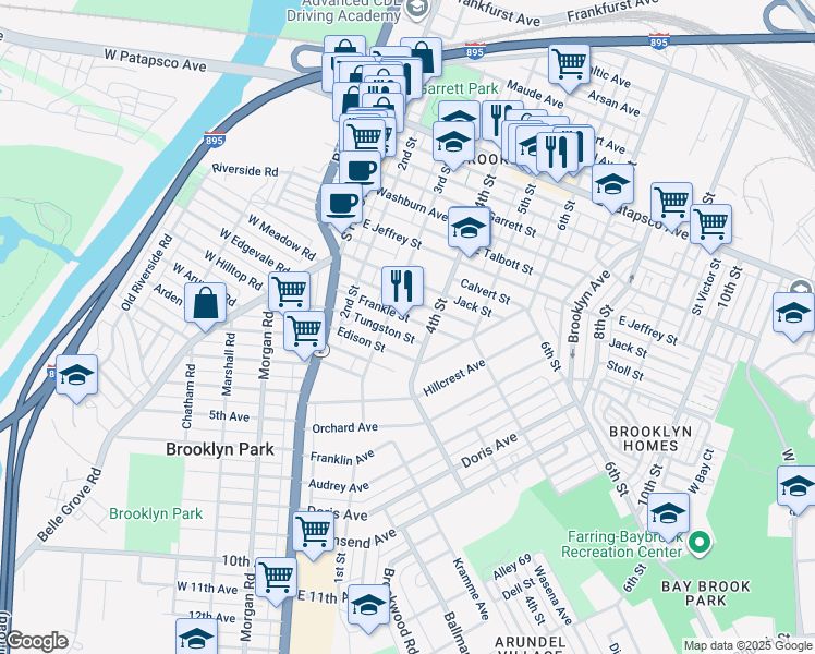 map of restaurants, bars, coffee shops, grocery stores, and more near 315 Frankle Street in Baltimore