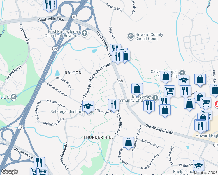 map of restaurants, bars, coffee shops, grocery stores, and more near 5040 Netherstone Court in Columbia