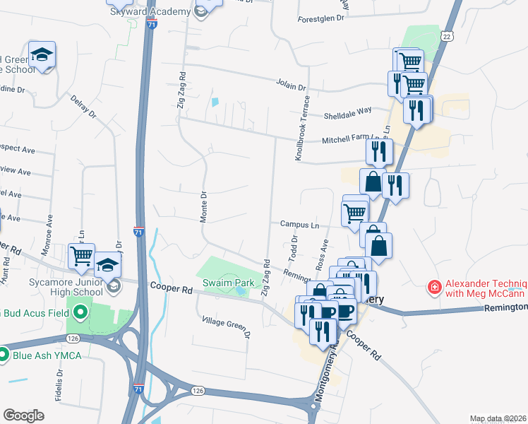 map of restaurants, bars, coffee shops, grocery stores, and more near 11064 Toddtee Lane in Cincinnati