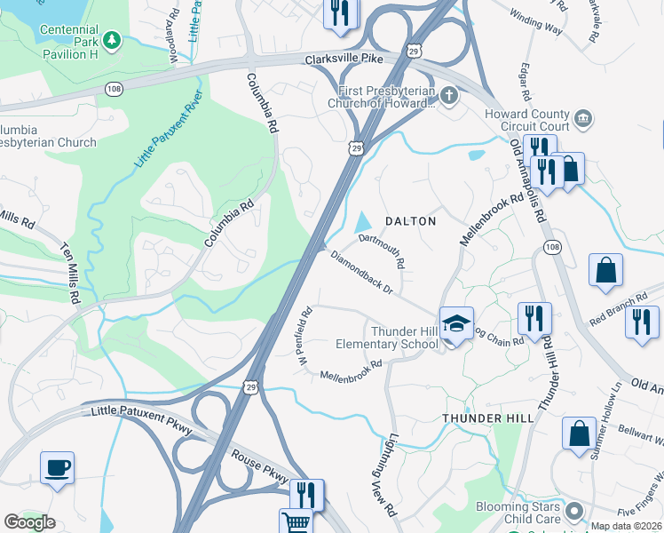 map of restaurants, bars, coffee shops, grocery stores, and more near 9433 Diamondback Drive in Columbia