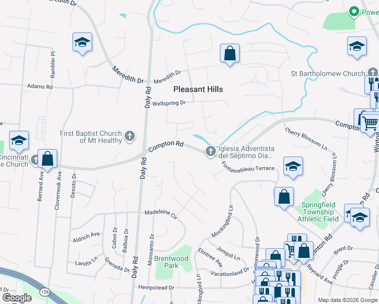 map of restaurants, bars, coffee shops, grocery stores, and more near 1107 Compton Road in Cincinnati