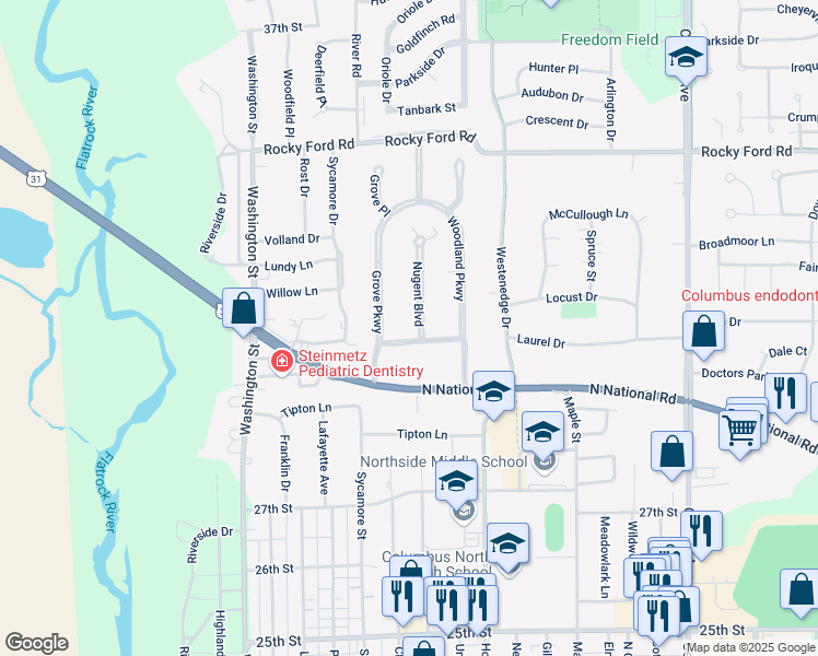 map of restaurants, bars, coffee shops, grocery stores, and more near 3212 Nugent Boulevard in Columbus