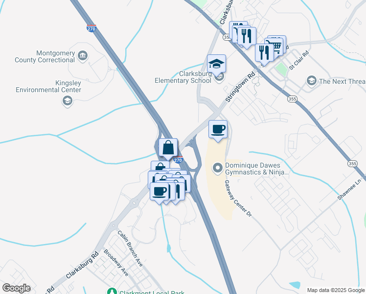 map of restaurants, bars, coffee shops, grocery stores, and more near 22705 Clarksburg Road in Boyds
