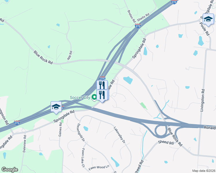 map of restaurants, bars, coffee shops, grocery stores, and more near 5100 Springdale Road in Cincinnati