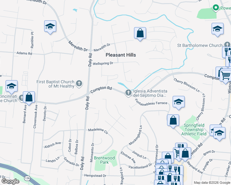 map of restaurants, bars, coffee shops, grocery stores, and more near 1107 Compton Road in Cincinnati