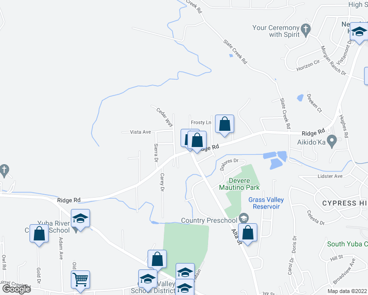 map of restaurants, bars, coffee shops, grocery stores, and more near 13076 Ridge Road in Grass Valley