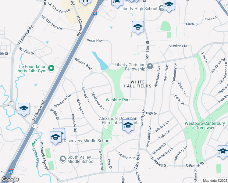 map of restaurants, bars, coffee shops, grocery stores, and more near 317 Wilshire Boulevard in Liberty