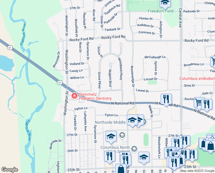 map of restaurants, bars, coffee shops, grocery stores, and more near 3212 Nugent Boulevard in Columbus