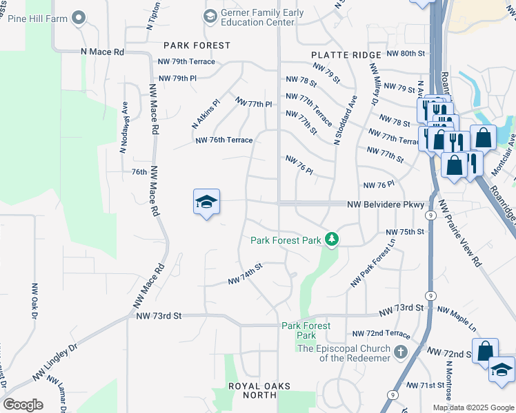 map of restaurants, bars, coffee shops, grocery stores, and more near 7705 Northwest Belvidere Parkway in Kansas City