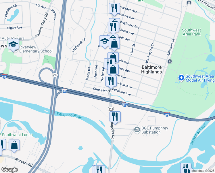 map of restaurants, bars, coffee shops, grocery stores, and more near 4427 Annapolis Road in Halethorpe