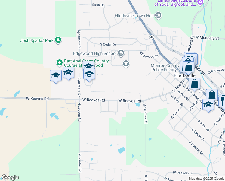map of restaurants, bars, coffee shops, grocery stores, and more near 7344 West Mustang Drive in Ellettsville
