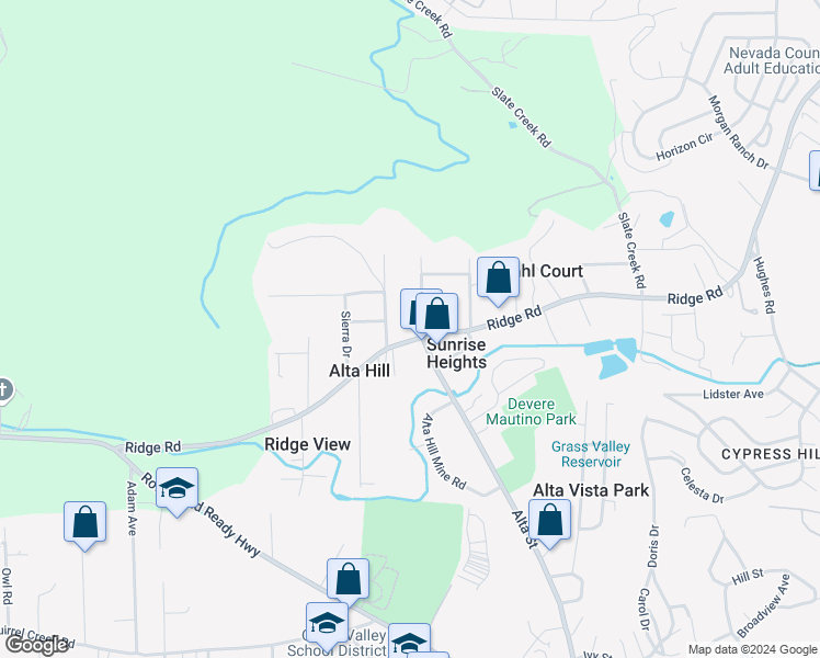 map of restaurants, bars, coffee shops, grocery stores, and more near 13080 Ridge Road in Grass Valley