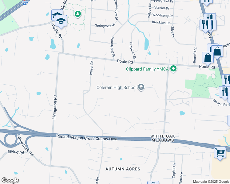map of restaurants, bars, coffee shops, grocery stores, and more near 3829 Woodthrush Drive in Cincinnati
