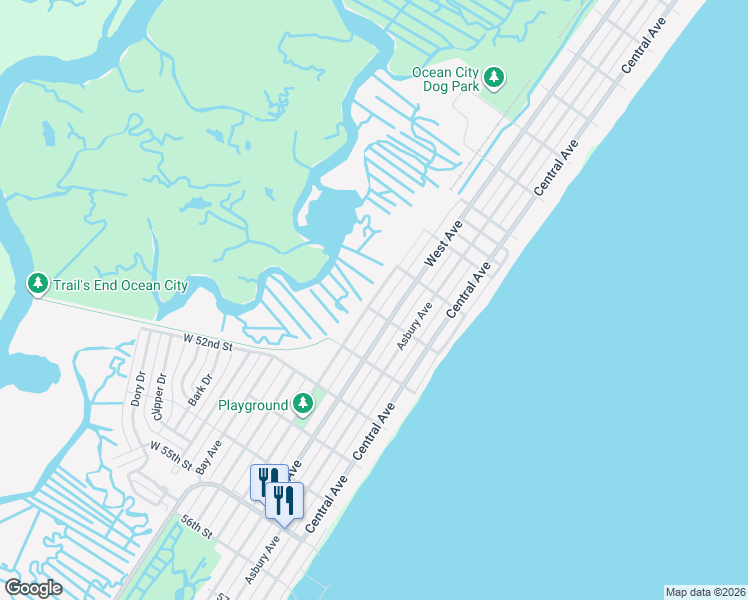map of restaurants, bars, coffee shops, grocery stores, and more near 4937 Haven Avenue in Ocean City