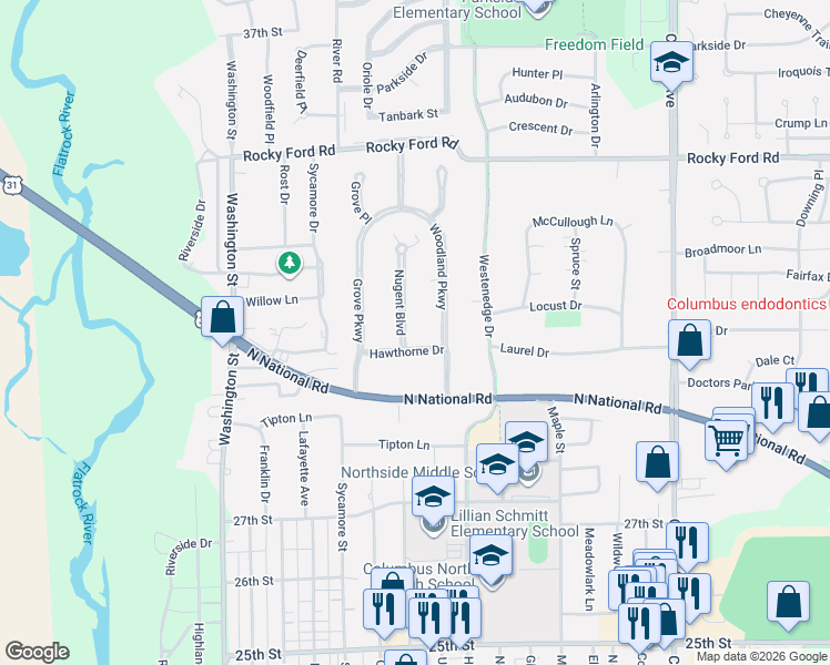 map of restaurants, bars, coffee shops, grocery stores, and more near 3225 Nugent Boulevard in Columbus