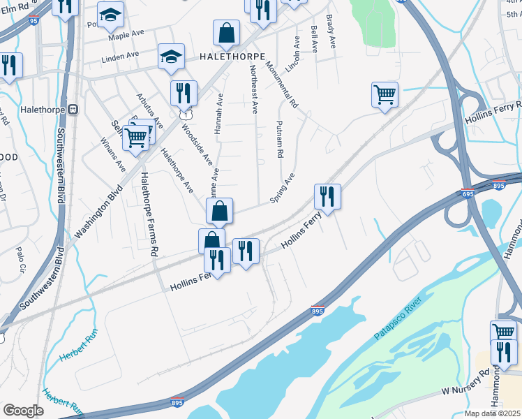 map of restaurants, bars, coffee shops, grocery stores, and more near 4501 Spring Avenue in Halethorpe