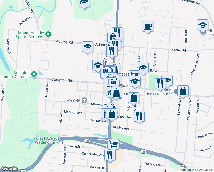 map of restaurants, bars, coffee shops, grocery stores, and more near 7516 Harrison Avenue in Mount Healthy