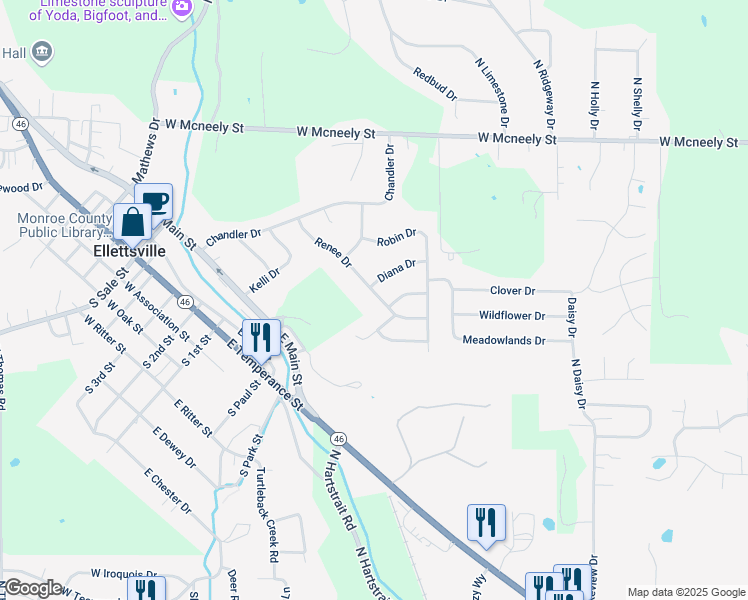 map of restaurants, bars, coffee shops, grocery stores, and more near 241-399 Brittany Way in Ellettsville