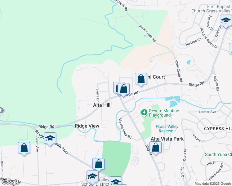 map of restaurants, bars, coffee shops, grocery stores, and more near 13080 Ridge Road in Grass Valley