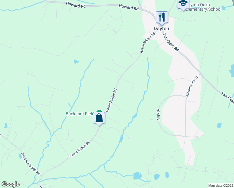 map of restaurants, bars, coffee shops, grocery stores, and more near 5045 Green Bridge Road in Dayton