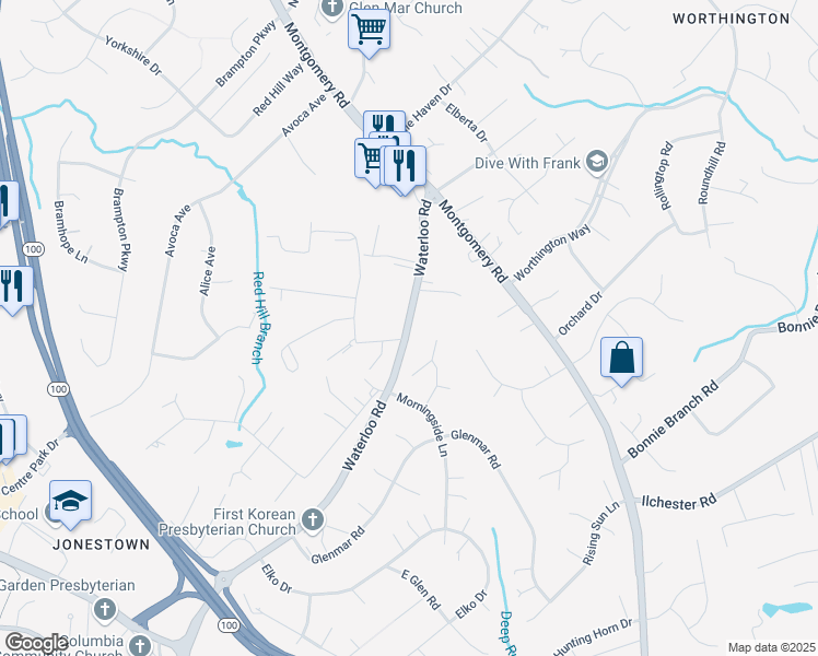 map of restaurants, bars, coffee shops, grocery stores, and more near 5023 Waterloo Road in Ellicott City