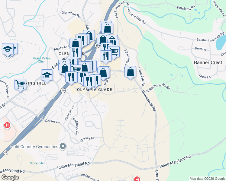 map of restaurants, bars, coffee shops, grocery stores, and more near 563 Brunswick Road in Grass Valley